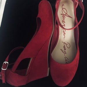 Red American Rag Cie Suede Wedge Heels Ankle Strap